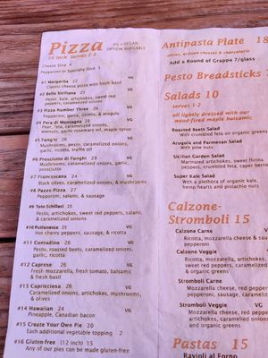 Menu - almost all can be made vegan (marked with VG) at Al Forno Ferruzza Pizza in Rhododendron