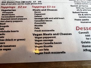 Vegan meats and cheeses !  at Al Forno Ferruzza Pizza in Rhododendron