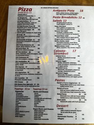 VG = vegan options available on these dishes   at Al Forno Ferruzza Pizza in Rhododendron