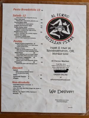 Menu as of February 2025, pg 1 of 2 at Al Forno Ferruzza Pizza in Rhododendron