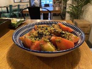 Tomato salad with “chicken” and pistachio   at Barbacana in Valencia