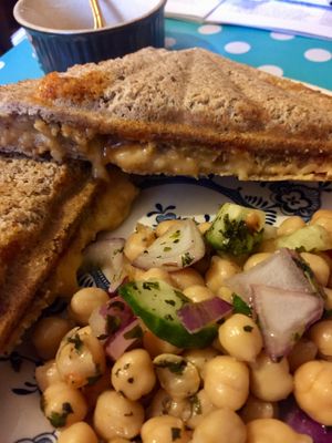 Sausage, bean and cheese toastie at Yaffle Cafe and Bookshop in Derby