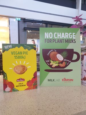 No extra charge for plant milks. There is also a vegan pie. at Muffin Break in Kangaroo Flat