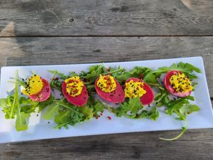 Vegan deviled eggs exist!!! at HapPea Vegans in Austin