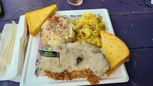 Country fried brisket! at HapPea Vegans in Austin