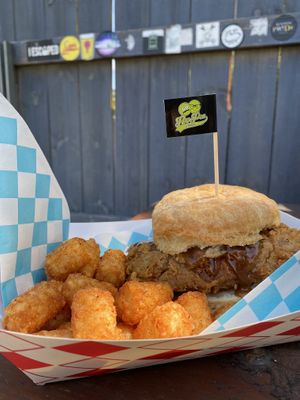 Chikn biscuit from the brunch menu  at HapPea Vegans in Austin
