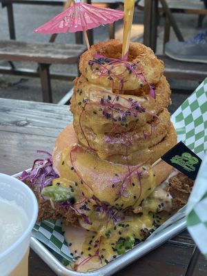Massive chicken sandwich with happea sauce  at HapPea Vegans in Austin