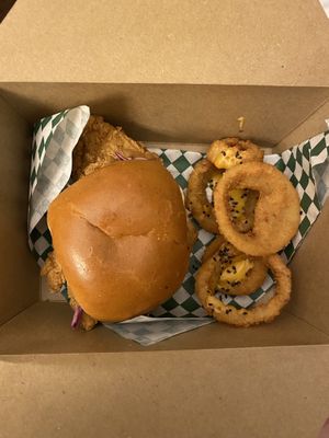 Bluto (we ordered to go so we couldn’t get the onion ring tower)  at HapPea Vegans in Austin