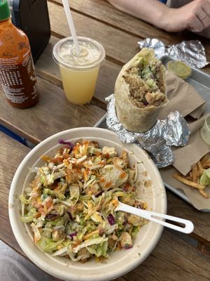 Tofu salad. Chikn burrito, lime drink   at Señor Sisig in San Francisco