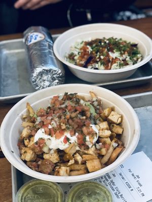 Tofu fries, vegan bowl, and vegan senor sisig burritoos  at Señor Sisig in San Francisco