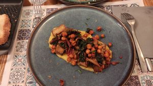Tempeh pumpkin cream Chickpeas and green at Status Quo in Rome
