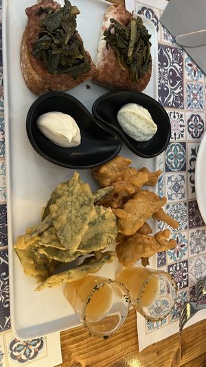 Appetizer for two (fried sage, fried artichoke, and AMAZING bruschetta   at Status Quo in Rome