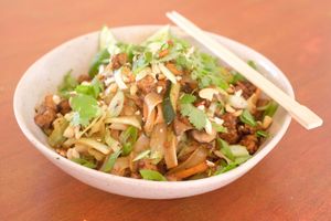 Thai inspired noodles with vegetables, mushrooms, fried tofu and cashews at A Tribo in Barao De Sao Joao