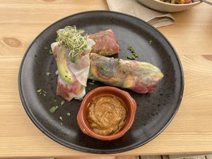 Fresh summer rolls with peanut sauce at A Tribo in Barao De Sao Joao