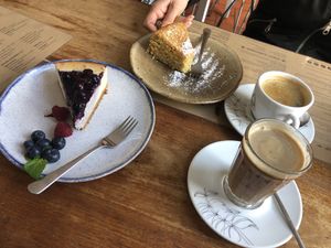 Amazing cheesecake & coconut and carrot cake with oat galão & abadanado at A Tribo in Barao De Sao Joao