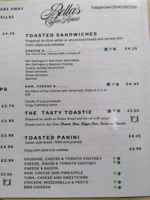 Menu at Bella's Coffee House in Hednesford