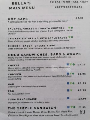 Menu at Bella's Coffee House in Hednesford