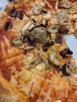 Build your own Vegan pizza, mushroom, olive, pineapple and artichoke hearts. (With requested less cheeze) at Pure Pizza in Edinburgh