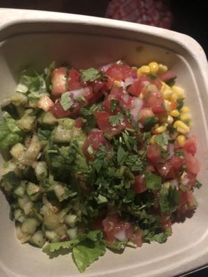 Amazing raw vegan options, corn, lettuce, guacamole, pico de gallo , diced cucumber, cilantro😁😁😄three of this   at Moho Mexican Grill in Bayside