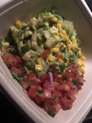 Amazing raw vegan options, corn, lettuce, guacamole, pico de gallo , diced cucumber, cilantro😁😁😄three of this   at Moho Mexican Grill in Bayside