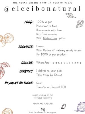 english menu info  at El Ceibo Natural in Puerto Viejo De Talamanca