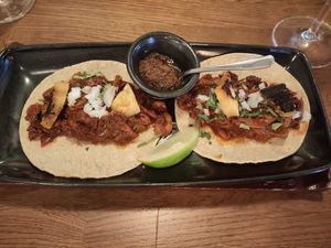 Taco de Hongos al Pastor con pina - Mushroom tacos "al pastor" with pineapple at La Movida in Budapest