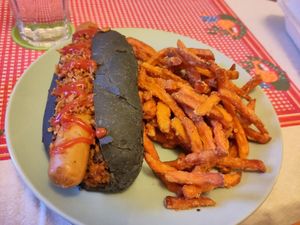 Chillidog and sweet potato fries at Plant N Vibe – Street Food by Plant N Plate in Birmingham