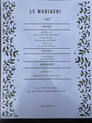 Menu at Le Mariachi in Montreal