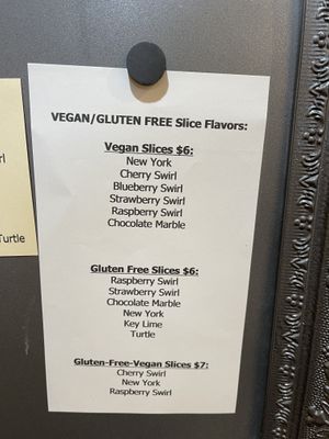 Vegan and gluten-free options posted  at Muddy Paws Cheesecake in St Louis Park