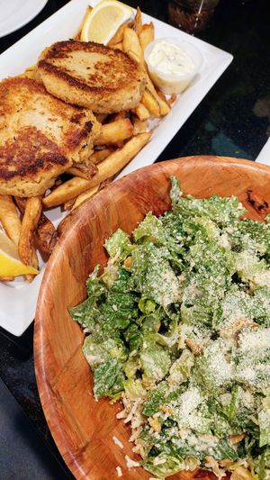 Crab cake platter (hearts of palm/chickpea) and Caesar salad, large portions at Boardwalk Vegan in Havertown