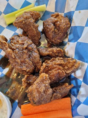 Wings with hot son sauce at Boardwalk Vegan in Havertown