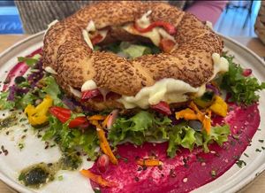Turkish bagel with roasted peppers and gouda cheese at The Garden Cafe & Restaurant in Budapest
