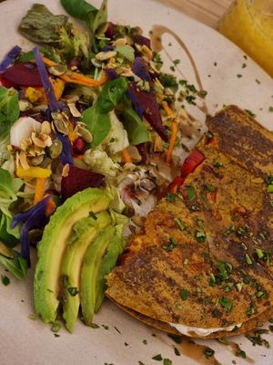 Chickpea omelette with avocado and vegan cream cheese at The Garden Cafe & Restaurant in Budapest