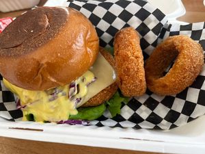 Spicy chicken sandwich w/ onion rings  at 100% HP in San Juan