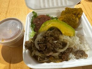 LA MIXTA HP (soy steak & onions, white rice and red beans, salad, avocado, and fried plantains)  at 100% HP in San Juan
