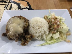 vegan chicken and plantains with vegan cheese, rice, and salad  at 100% HP in San Juan