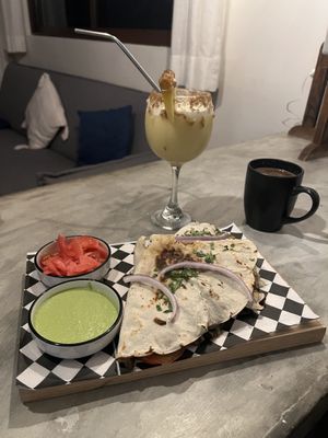 Tlayuda, virgin piña colada, hot chocolate   at Casa Mauna in San Pedro Pochutla