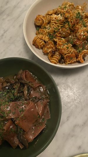 Beet pappardelle mushroom pasta & radiatori black sheep pasta   at Sestina - Culver City in Culver City