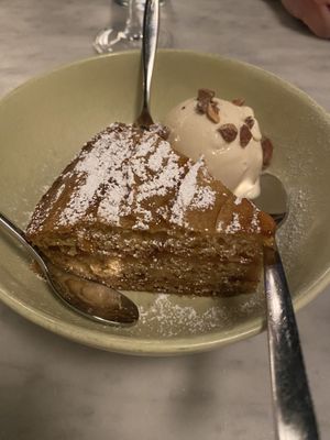 Apple “pie” (cake) with almond gelato   at Sestina - Culver City in Culver City