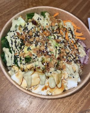 Vegan poke bowl with added crushed onion  at Poké Hut in Tenerife