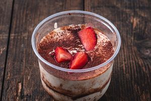 Vegan tiramisu with cashew cream, gluten-free biscuit, cocoa and a splash of rum at Hrana Pământului in Timisoara