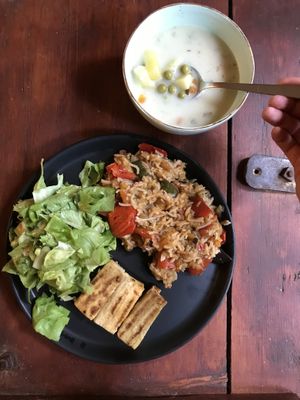 grilled tofu, rice with vegetables, veggie soup at Hrana Pământului in Timisoara