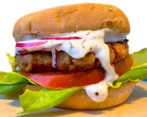 Salmon Burger at The Happy Vegan in San Francisco