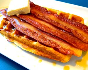 Belgian Waffle with Bacon, Butter and Organic Maple Syrup at The Happy Vegan in San Francisco