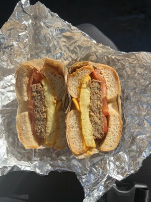 Just Egg, vegan sausage Patty, vegan Cheddar   at The Happy Vegan in San Francisco
