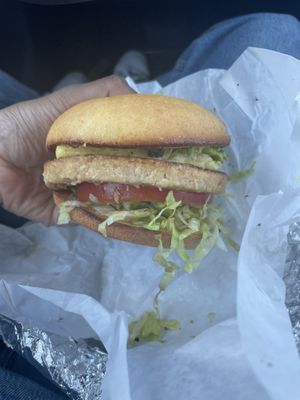 California chicken burger (sub bacon with egg)  at The Happy Vegan in San Francisco
