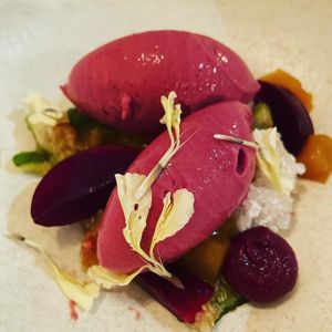 Plum sorbet, passionfruit, figs and vanilla sago  at Arbour in Blenheim