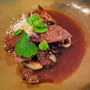 Onion and mushroom broth with shaved hazelnuts  at Arbour in Blenheim