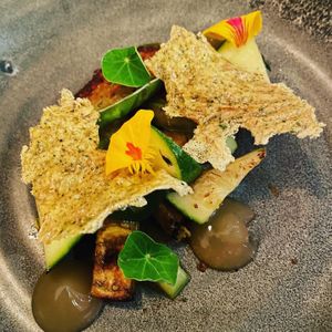 Eggplant with yuzu gel and potato crisps  at Arbour in Blenheim