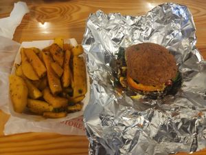 Burger and Butternut Squash Fries at Vegan Time Cafe in Stone Mountain